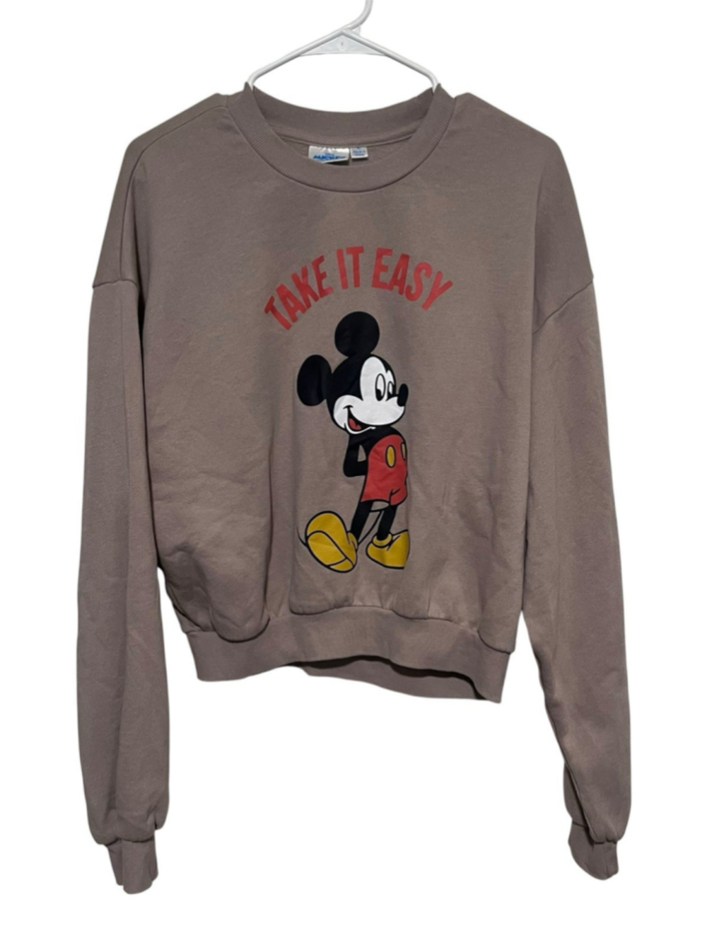 Disney Mickey & Friends Take It Easy Crop Sweatshirt Women’s XL Taupe Pullover